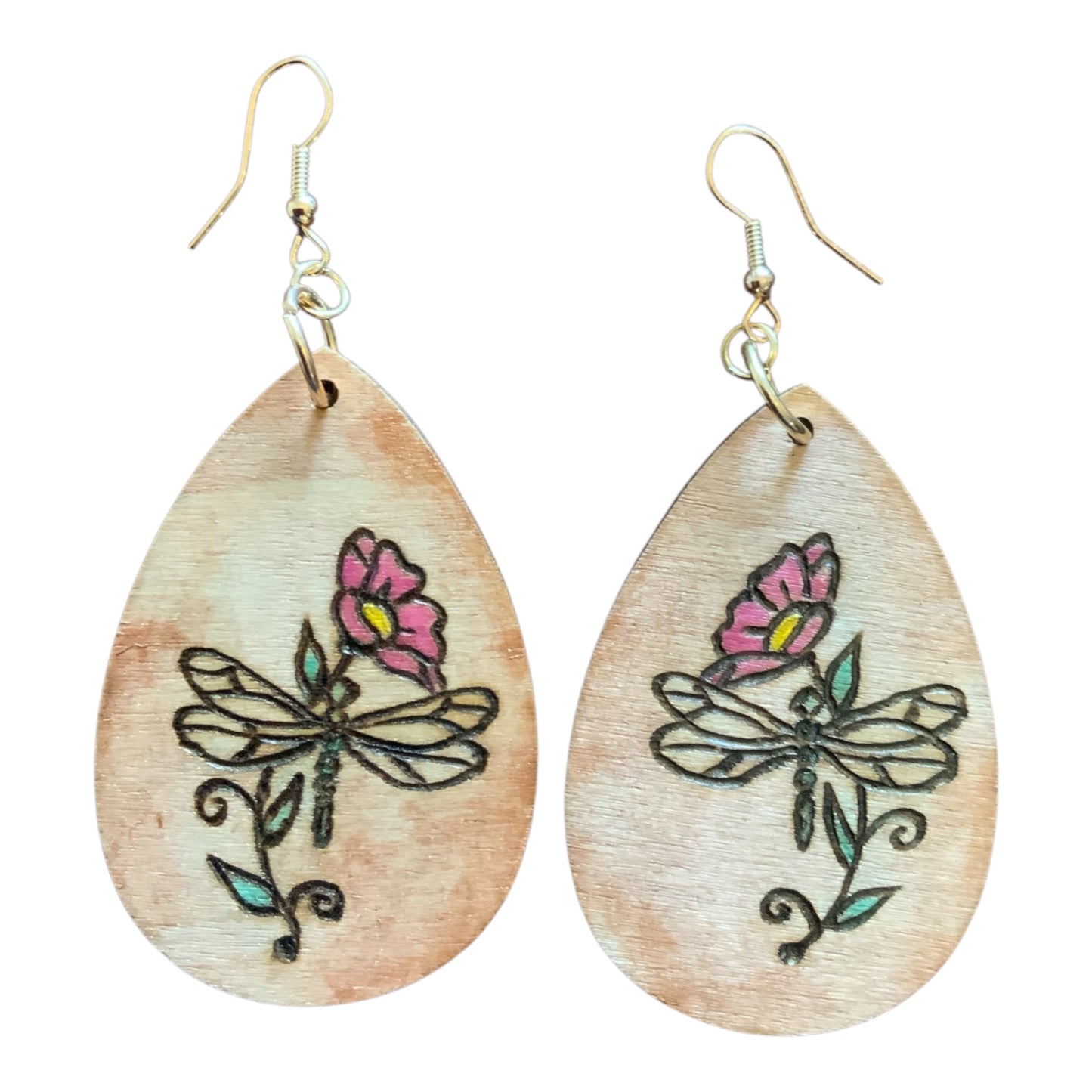 Pendientes de flores azules rosas hechos a mano madera quemada y pintada moda lágrima ligera