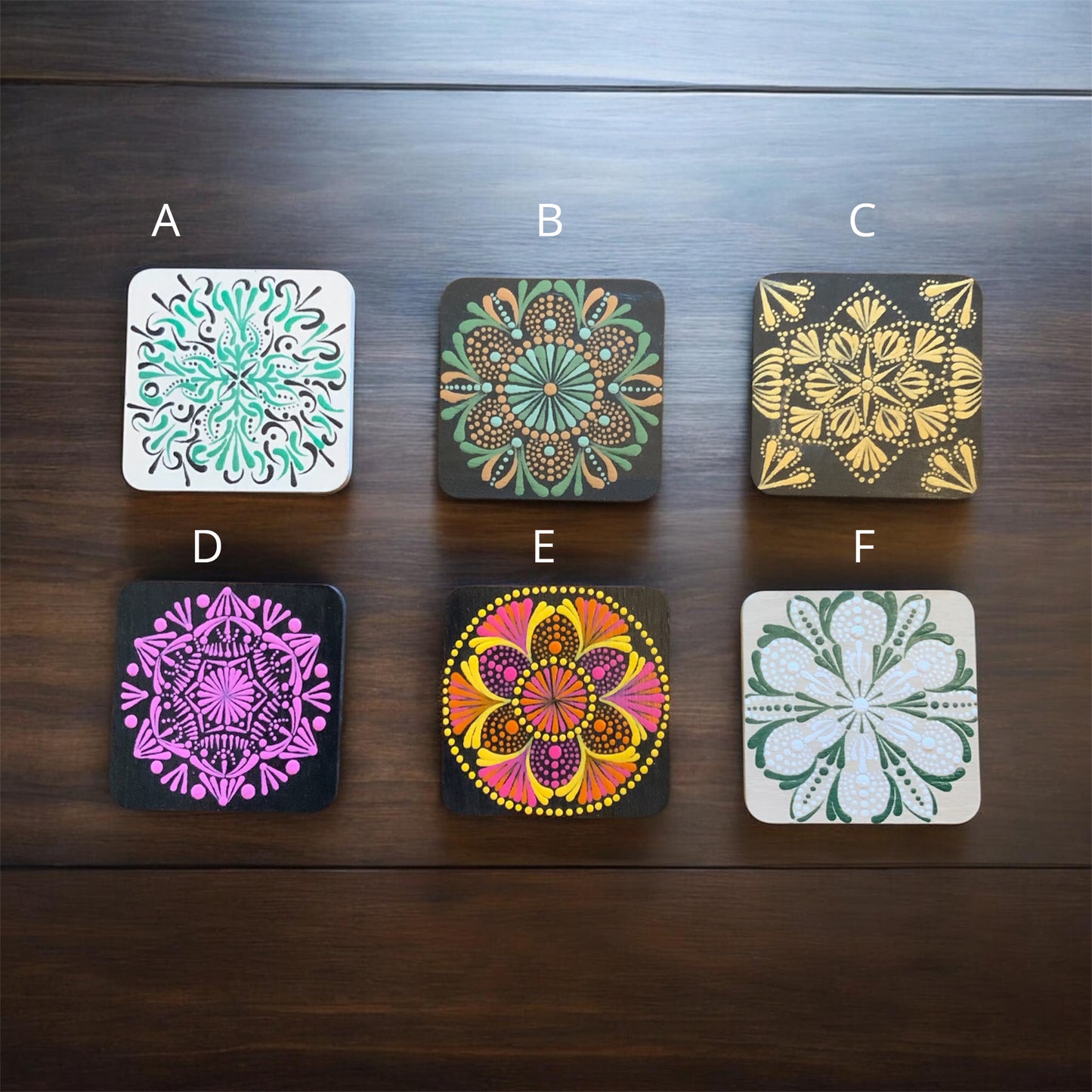 Square Drink Coasters Painted with Dot Art Designs Centerpiece Decor