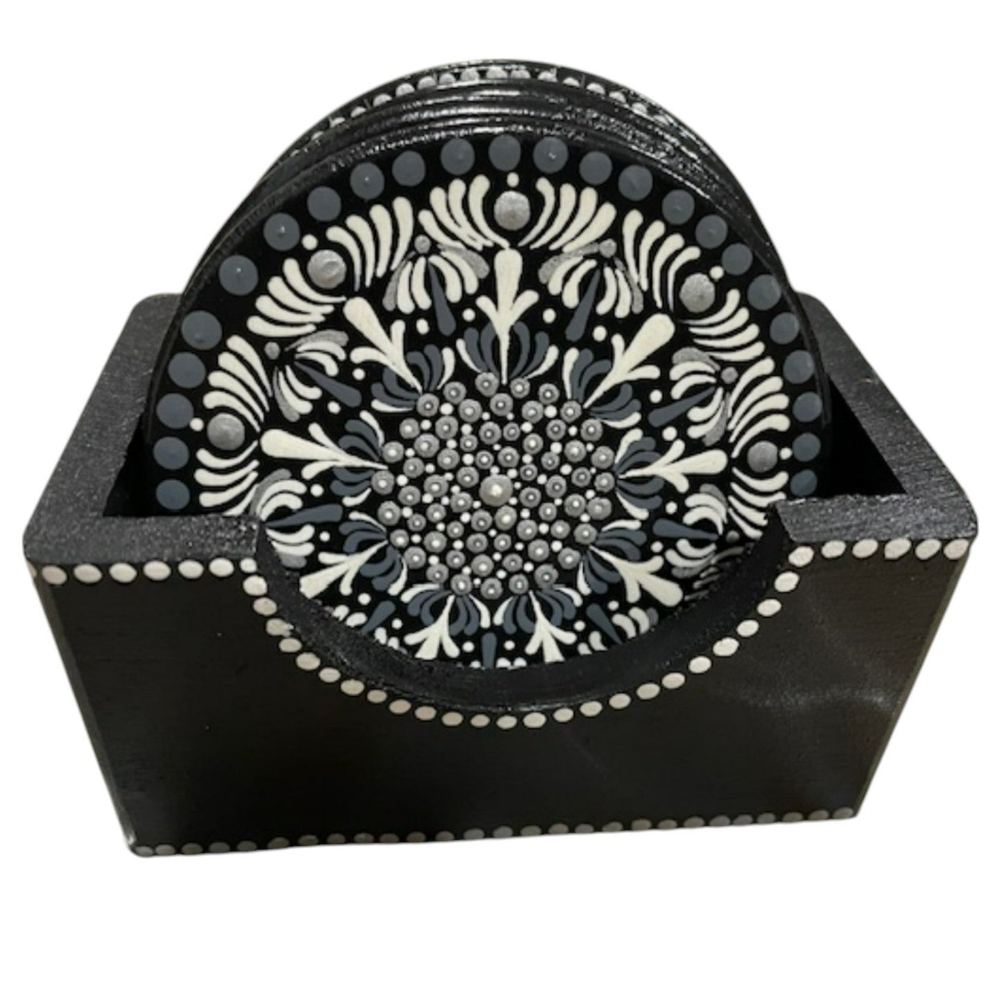 Wooden Table Coasters Set of 4 with Holder 4in by 5/16in Hand Painted