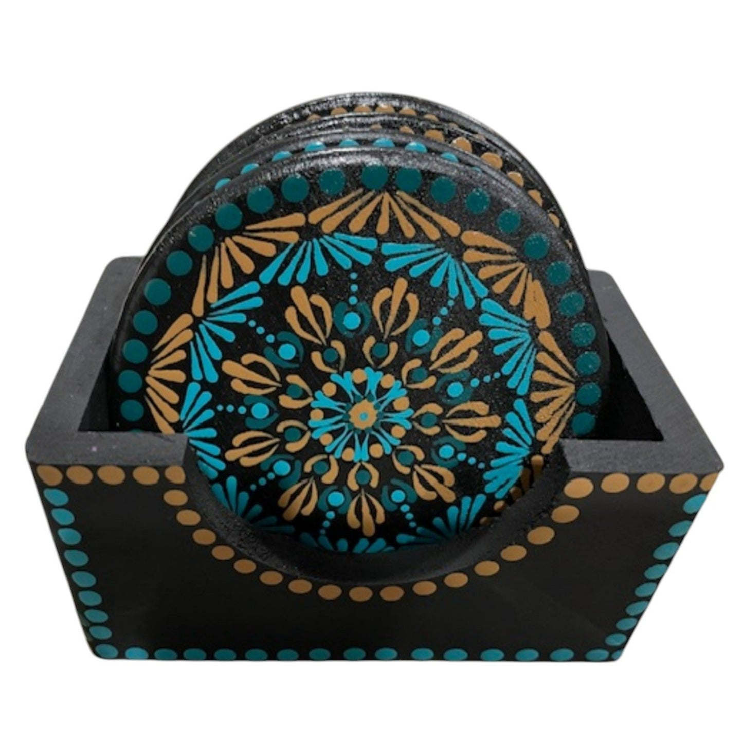 Coffee Table Coasters Set of 4 with Holder 4in by 5/16in Hand Painted Wood Coasters