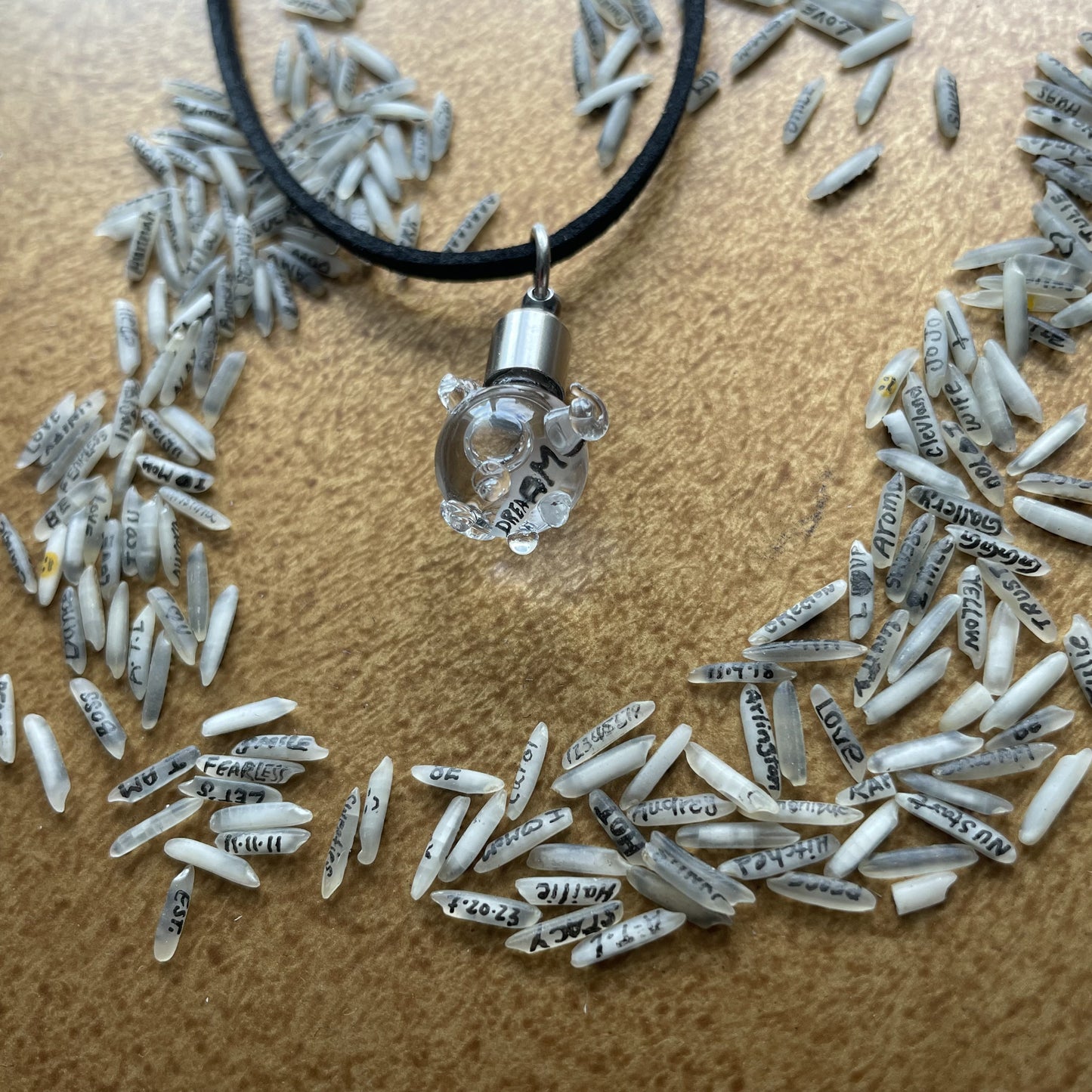 Writing on Grain of Rice DREAM Glass Piggy Handmade Necklace Jewelry