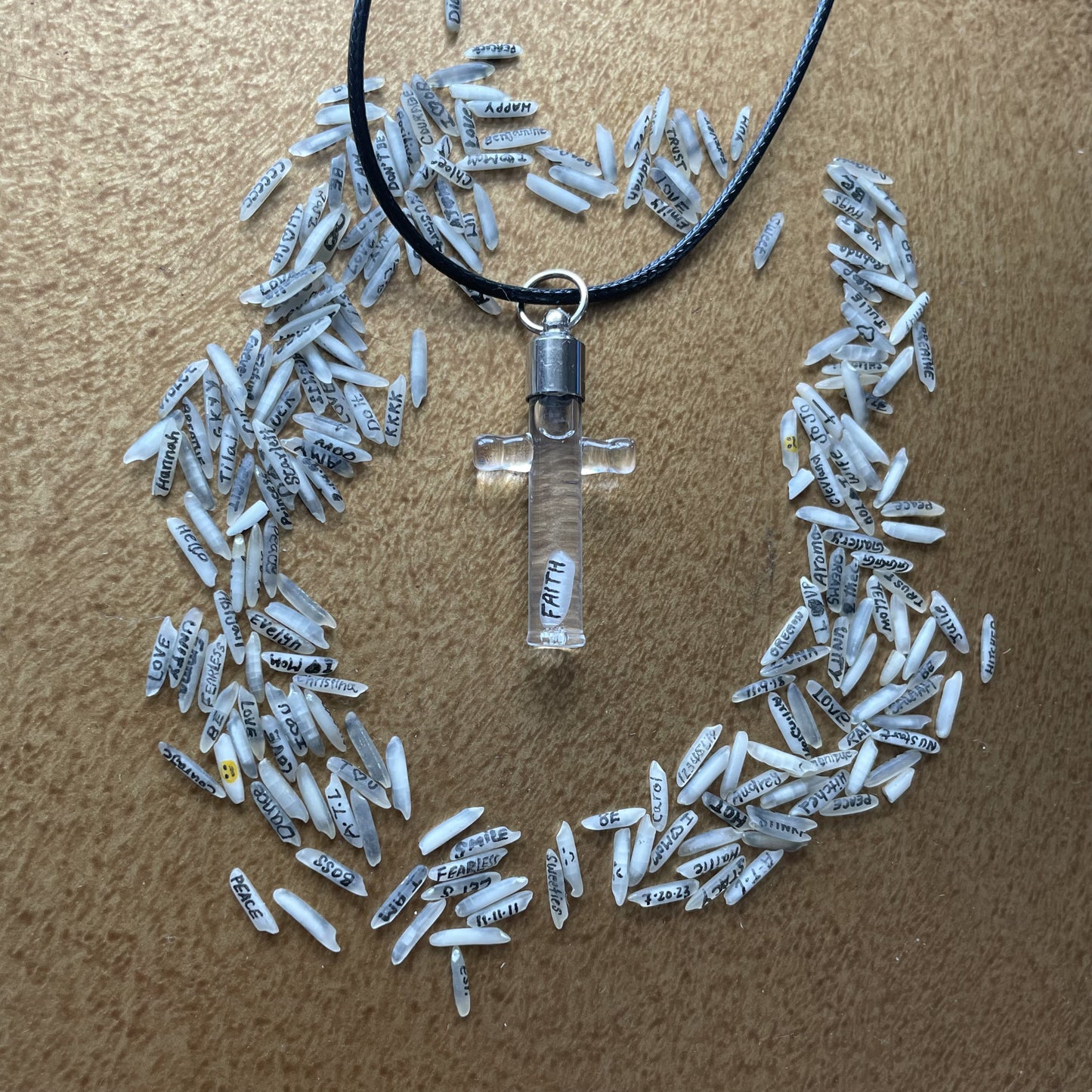 Writing on Grain of Rice FAITH Catholic Cross Handmade Necklace Jewelry