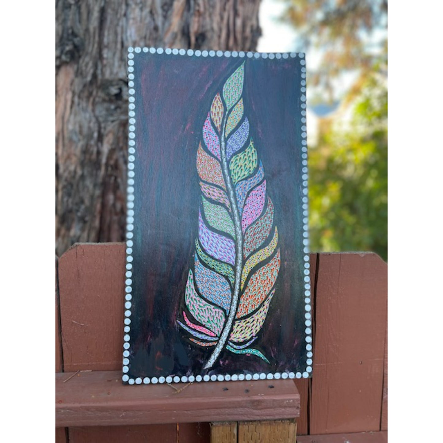 Feather Colorful Intricate Dot Art on Plywood Home Office Art Work