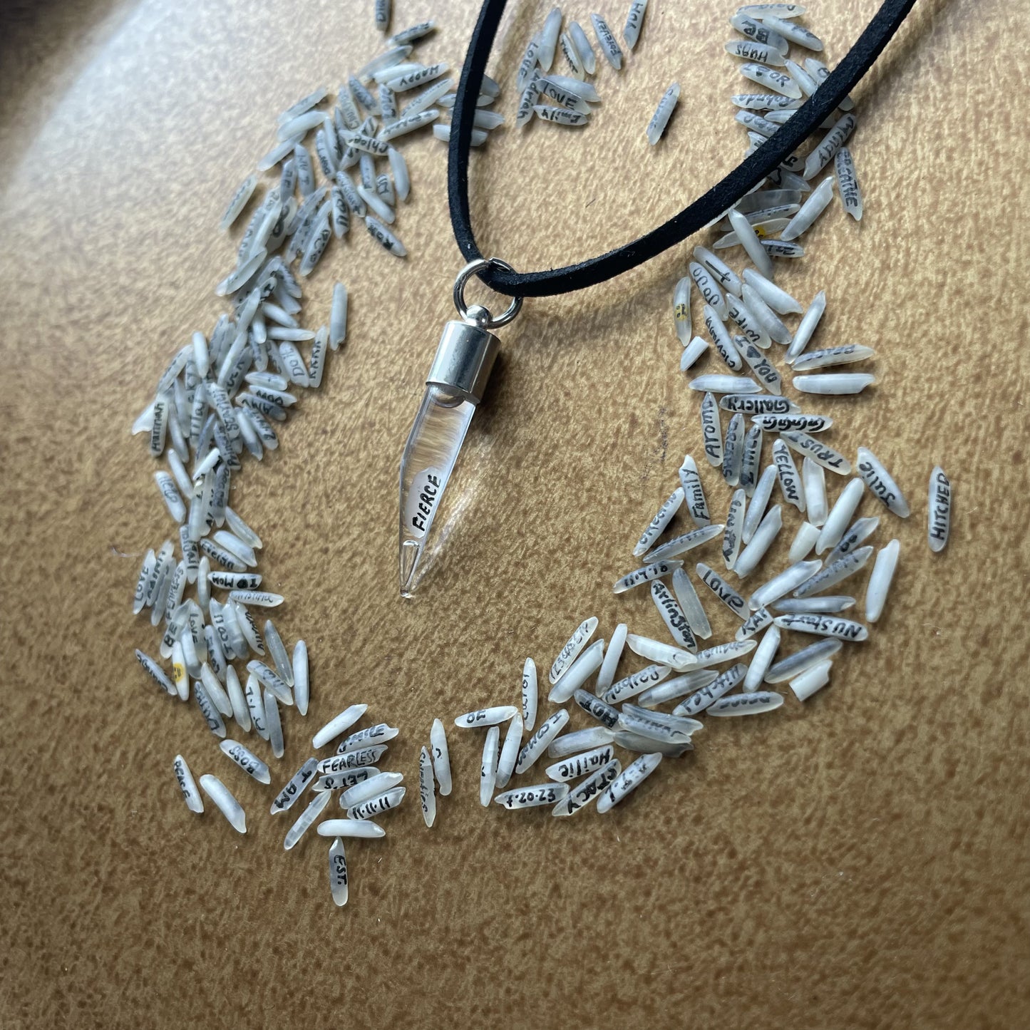 Writing on Grain of Rice FIERCE TOOTH Necklace Unique Jewelry