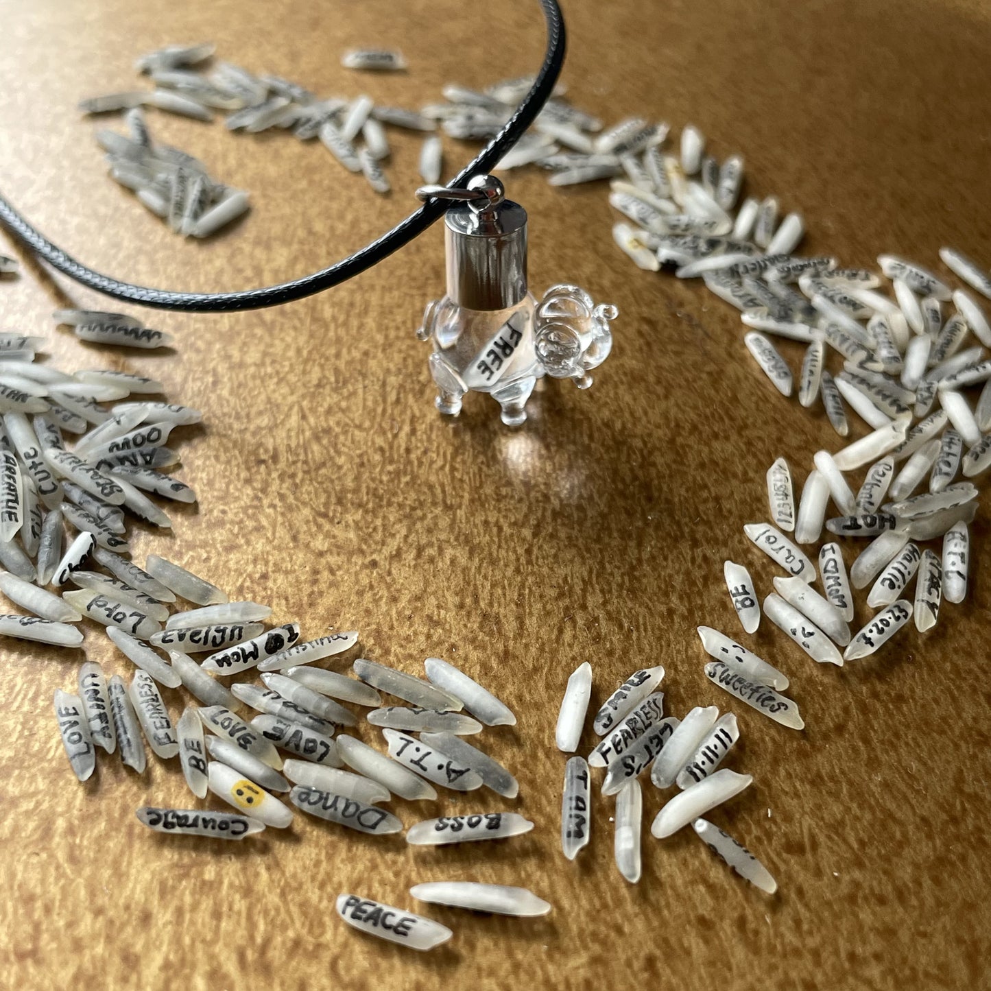 Writing on Grain of Rice FREE SPRIT Double Sided Necklace Glass Elephant Jewelry