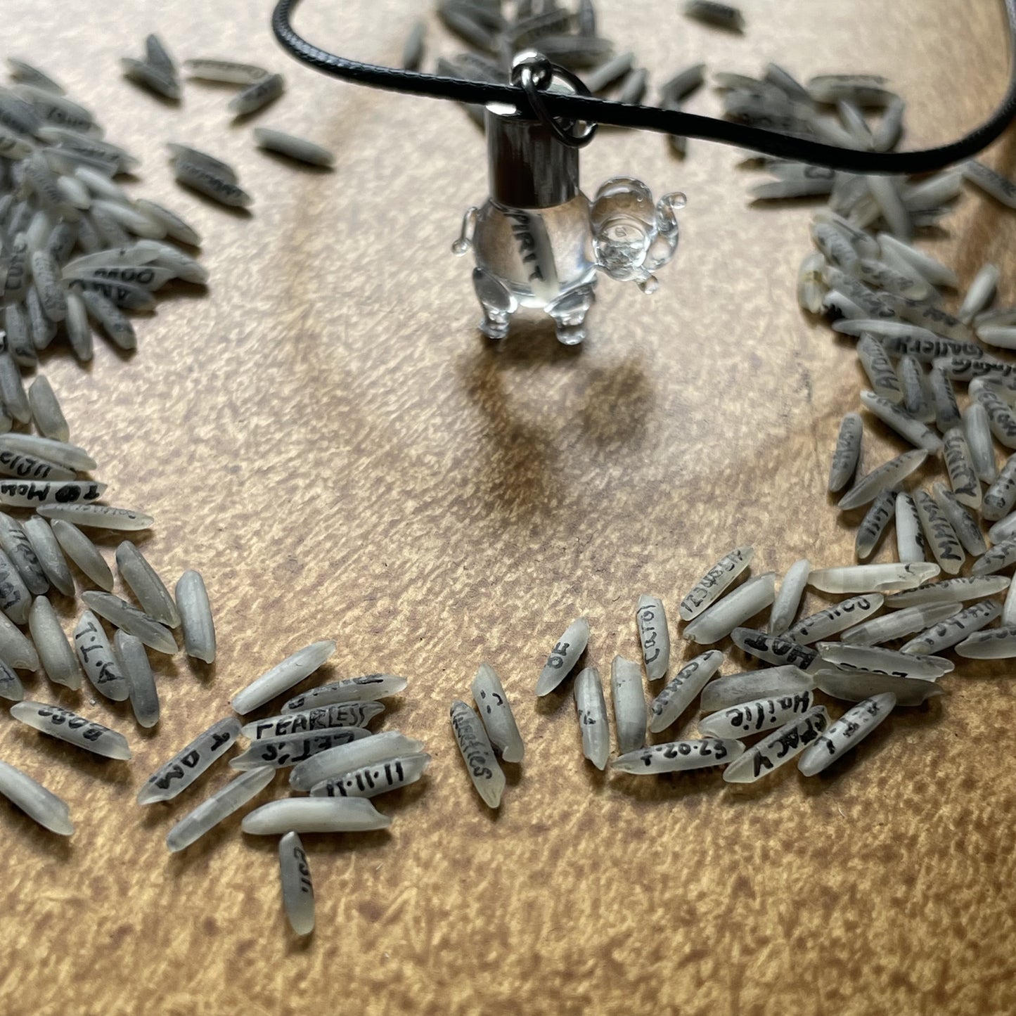 Writing on Grain of Rice FREE SPRIT Double Sided Necklace Glass Elephant Jewelry