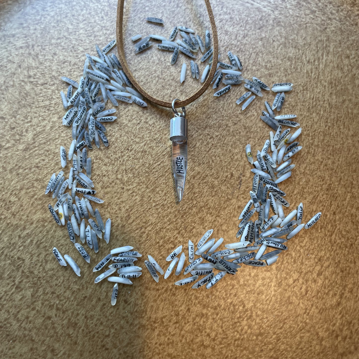 Writing on Grain of Rice HUSTLE Glass Tooth Necklace Handmade Jewelry