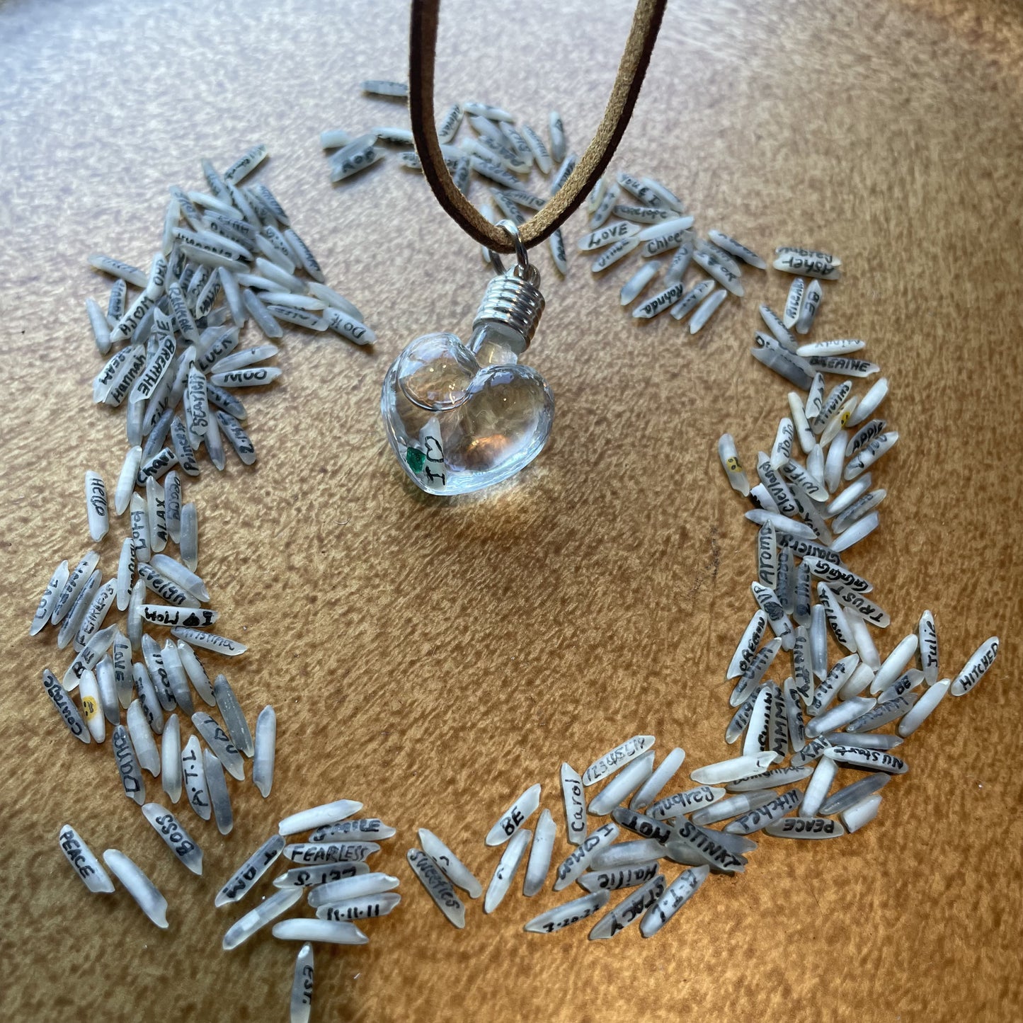 Writing on Grain of Rice I LOVE OREGON Double Sided Heart Shaped Vial Necklace