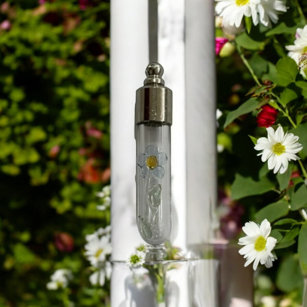 Writing on Grain of Rice Necklace or Keychain or Cellphone Charm Glass Blue Flower Jewelry