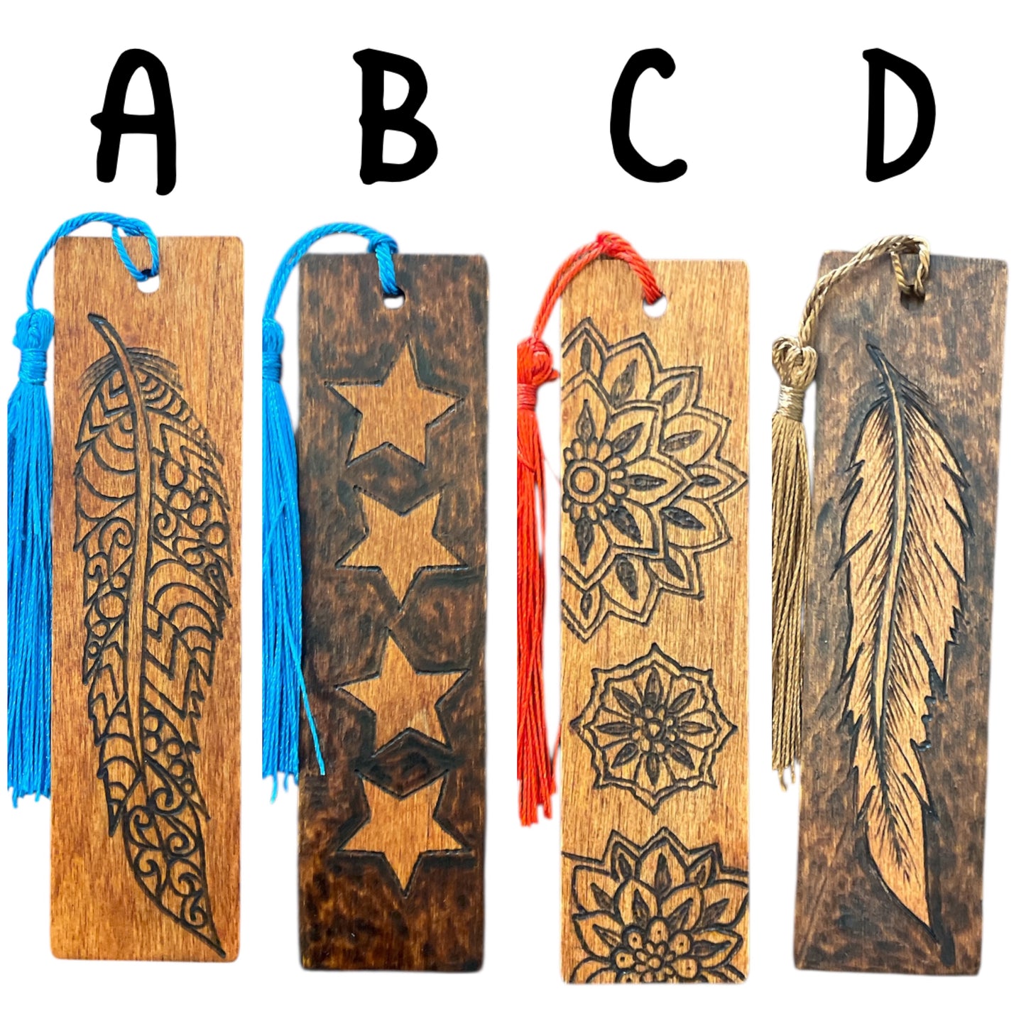 Handcrafted Bookmarks Wood Burned Words Designs with Tassels
