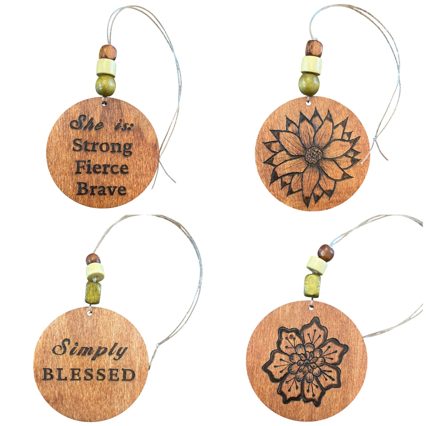 Christmas Tree Ornaments | Wood-Burned | Positive Quotes | Floral Designs