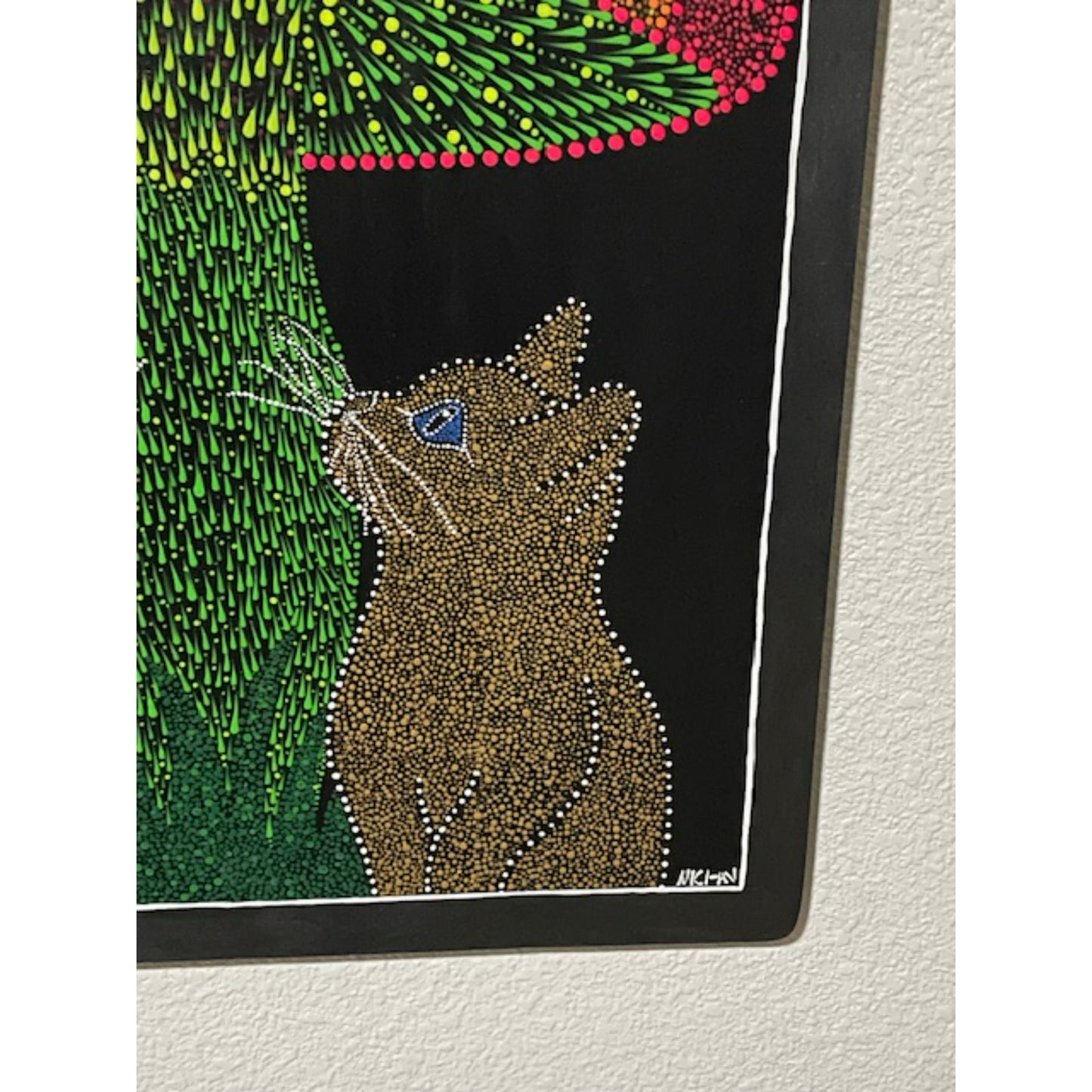 Mushroom Gold Silver Cats Dot Art Handmade Glow Under Blue Lights UV Lights