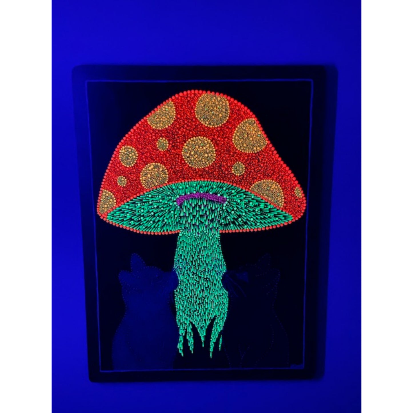 Mushroom Gold Silver Cats Dot Art Handmade Glow Under Blue Lights UV Lights