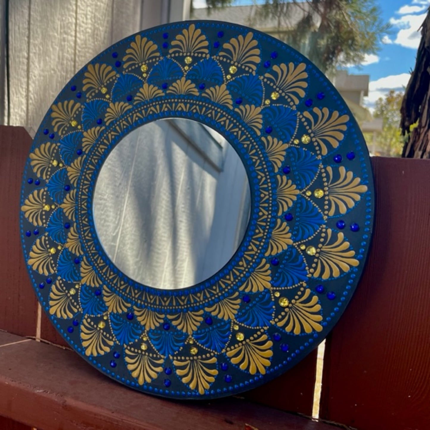 Wall Mirrors Dot Art Blue Gold Mandala Handmade Acrylic Painting Home Decor
