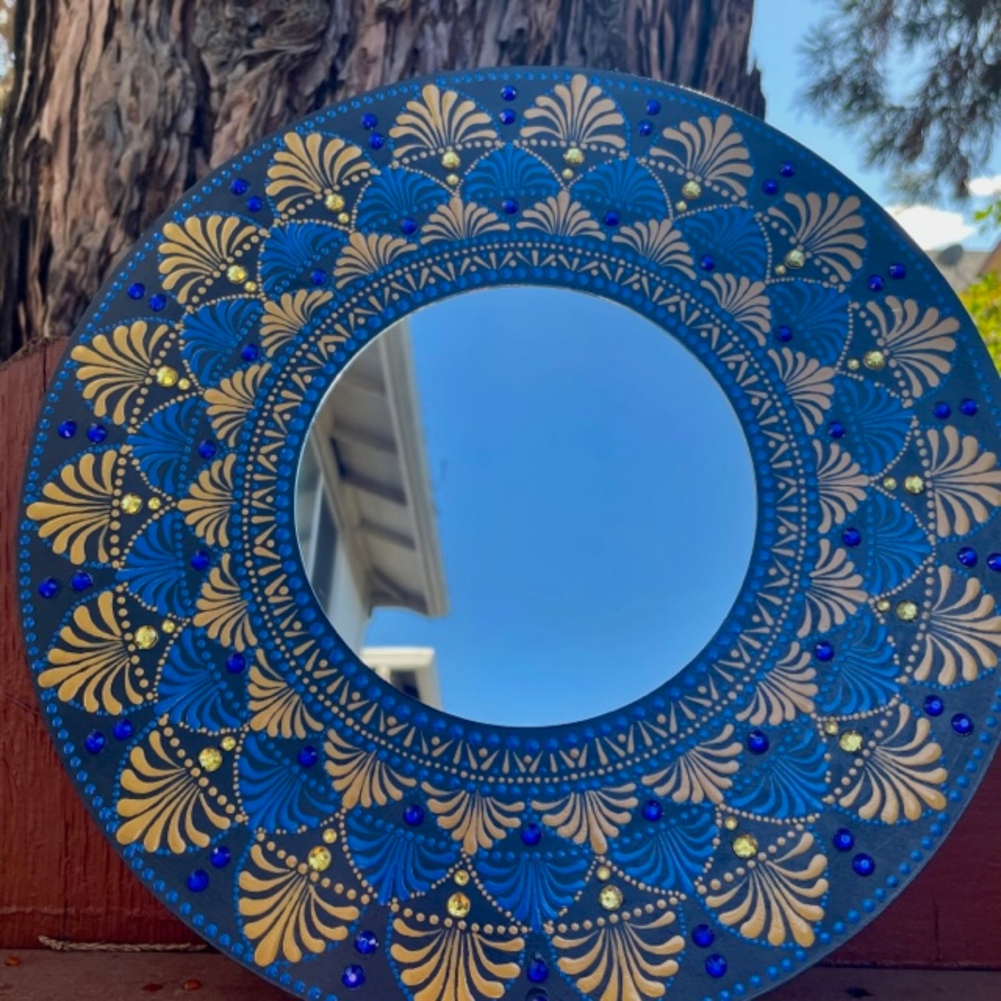Wall Mirrors Dot Art Blue Gold Mandala Handmade Acrylic Painting Home Decor