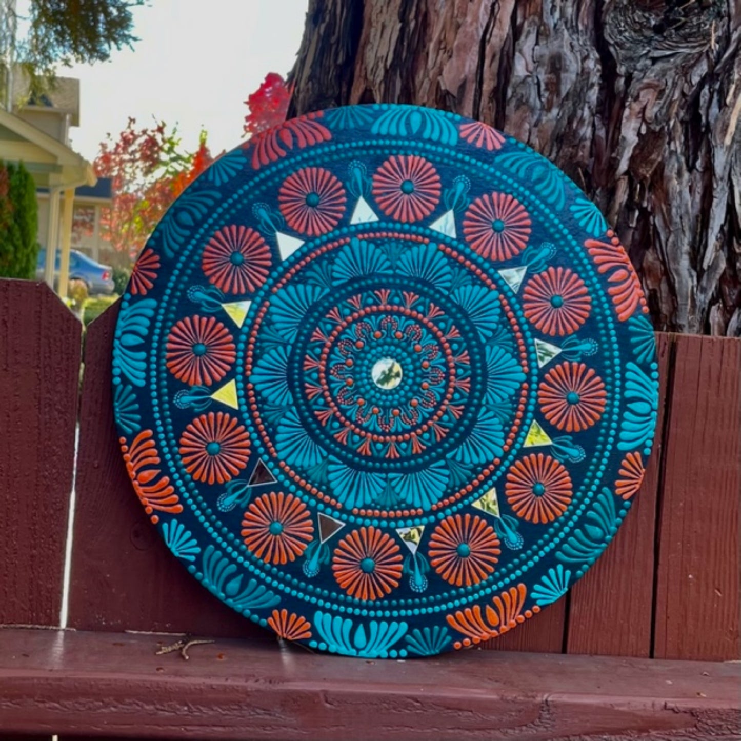 Mandala with Mirrors Dot Art Orange Sea Green and Blue Colors Handmade Acrylic Painting