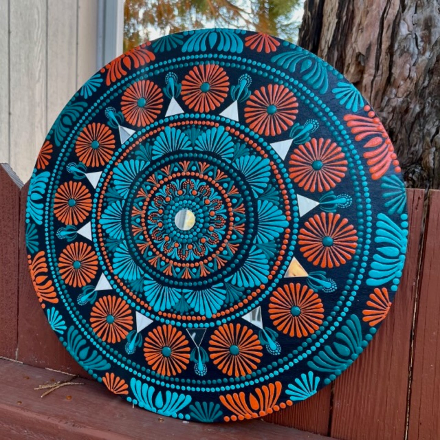 Mandala with Mirrors Dot Art Orange Sea Green and Blue Colors Handmade Acrylic Painting