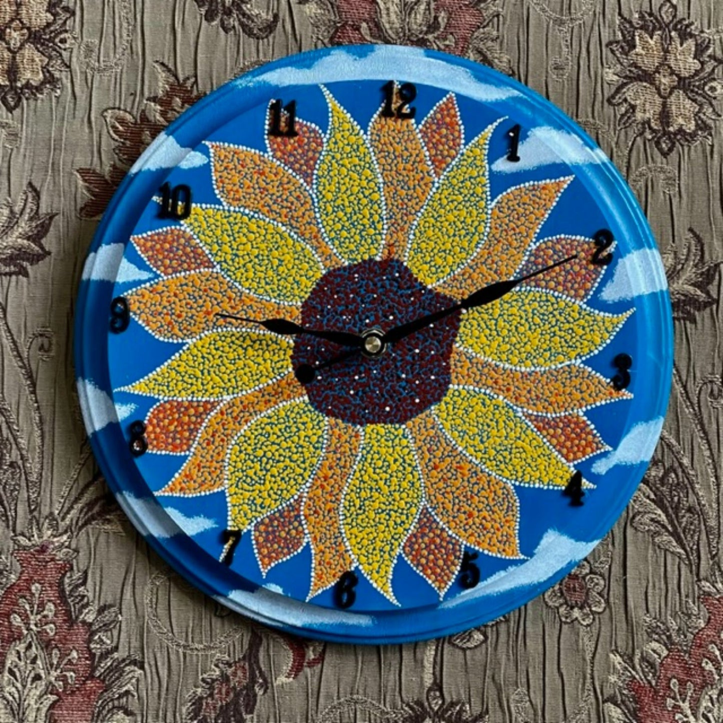 Sunflower Wall Clock with Dot Work Handmade Acrylic Painting Home office Decor