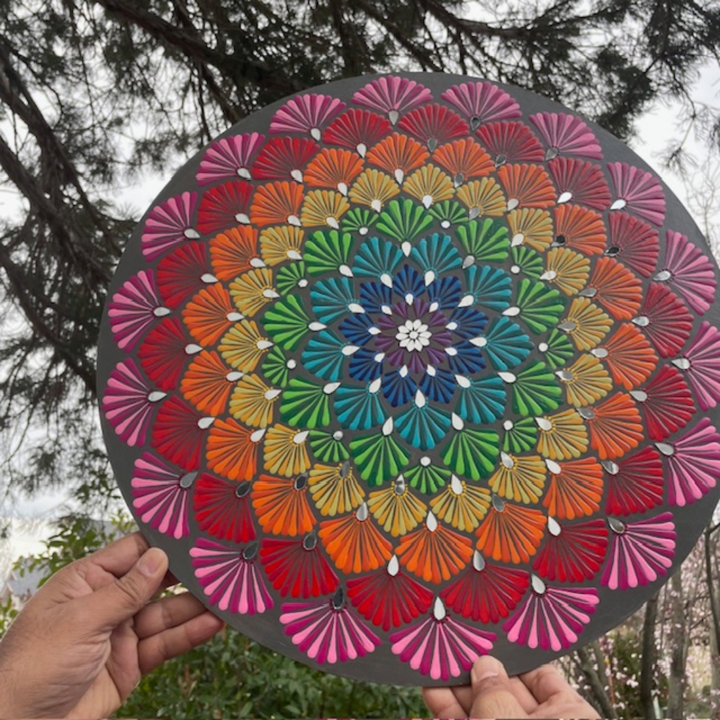 Rainbow Mandala with Mirrors 18in Diameter Sea Shells Design