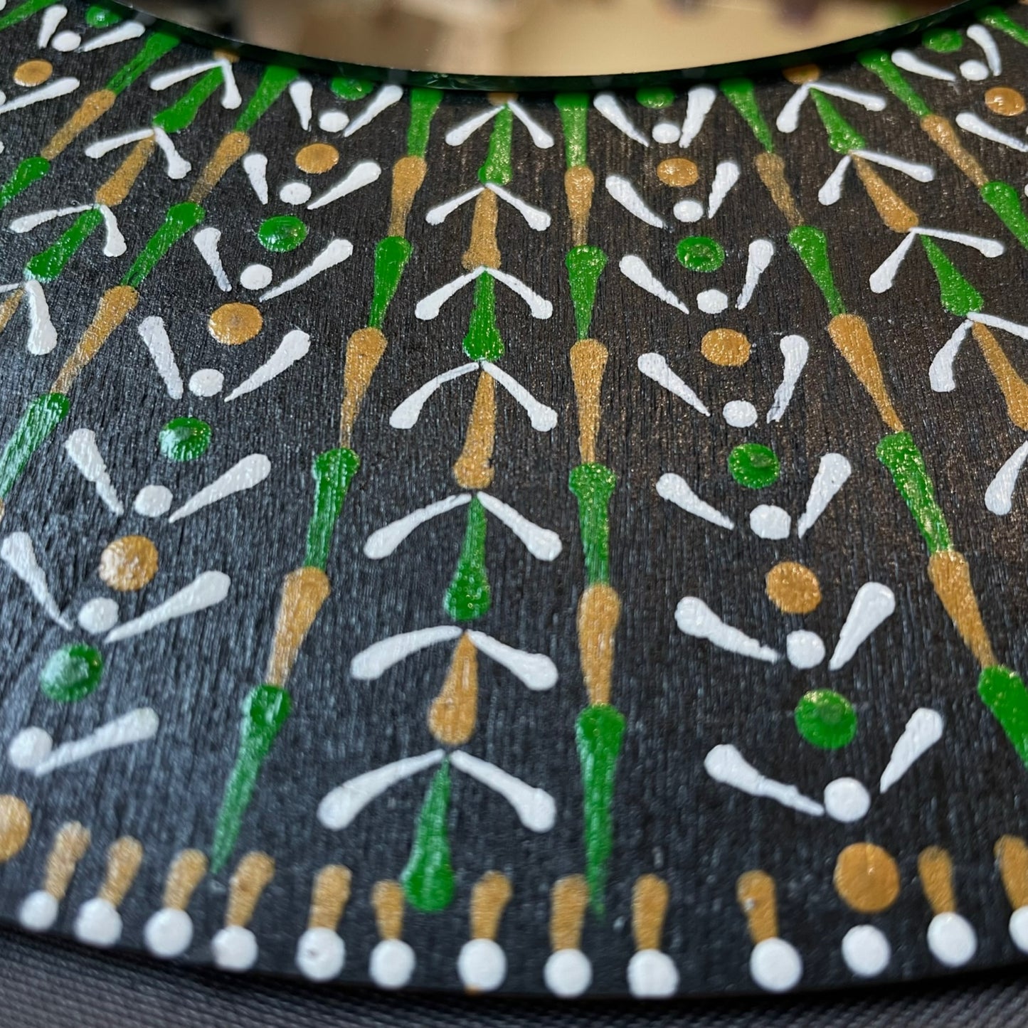 Wall Mirror with Mandala Style Design in Gold Green and White Dot Art