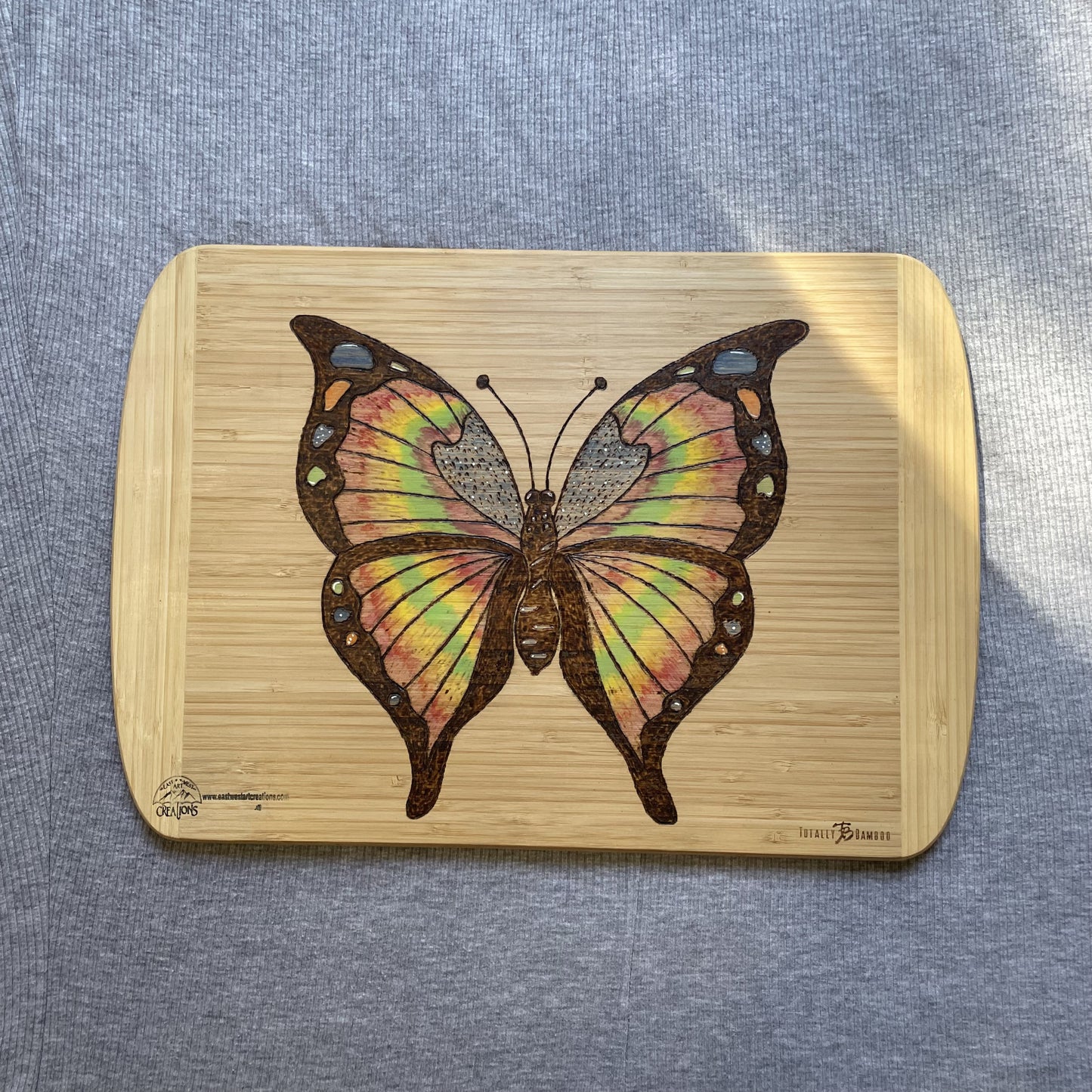 Butterfly Bamboo Cutting Board Wood Burned Handmade