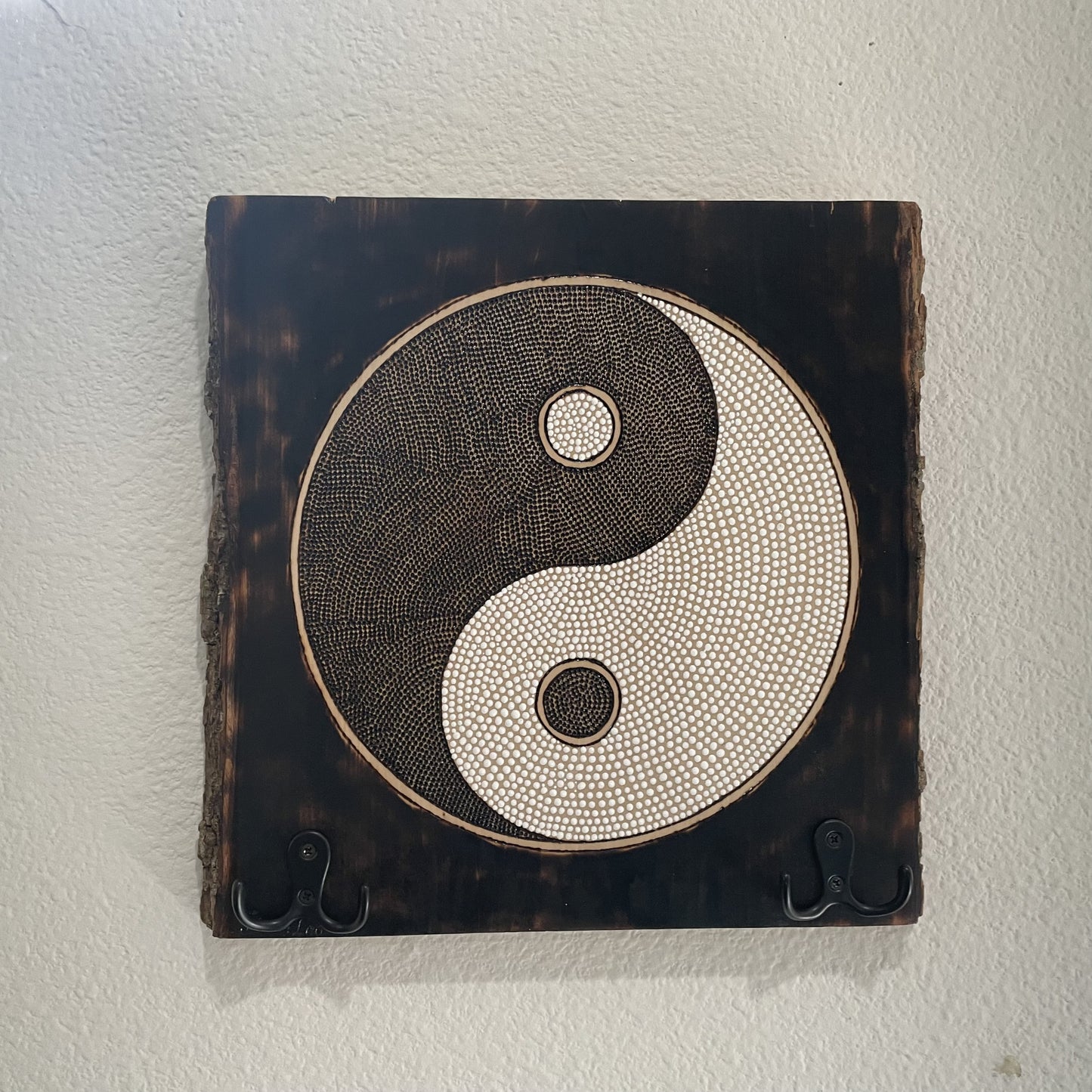 Yin Yang Wood Burned Acrylic Paint with Keys hooks Coat Hooks and Sawtooth Backing for Wall Hanging