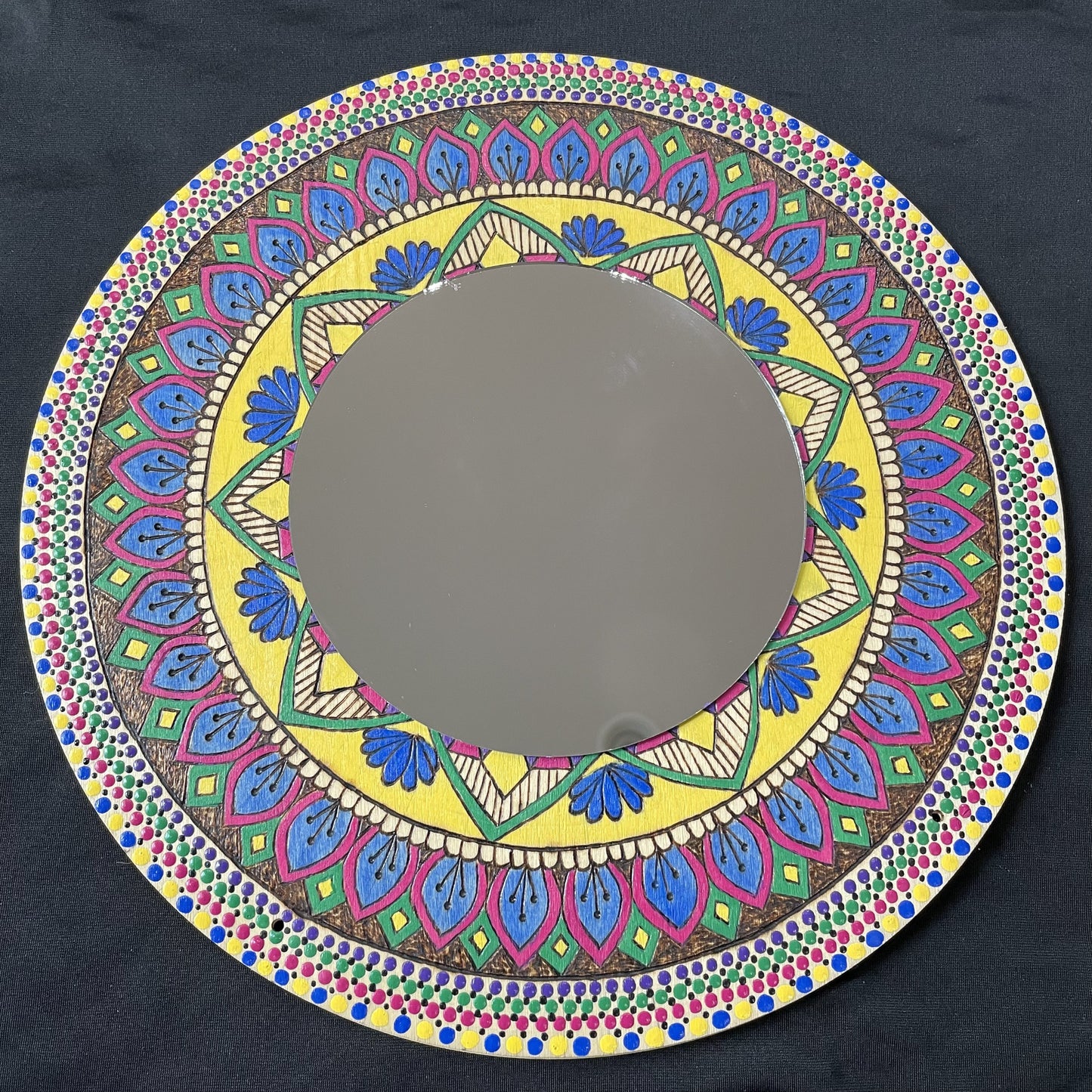 Middle Eastern Theme Mandala Decorative Mirror Art Wood Burned and Painted by Hand Wall Art