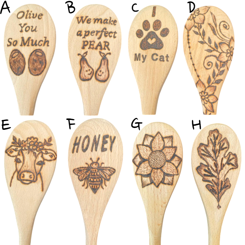 Sauce Spoons Beechwood Wood Burned Designs Kitchen Utensils