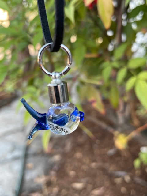 Blue Fish Necklace or Keychain Writing on Rice Handmade Unique Jewelry