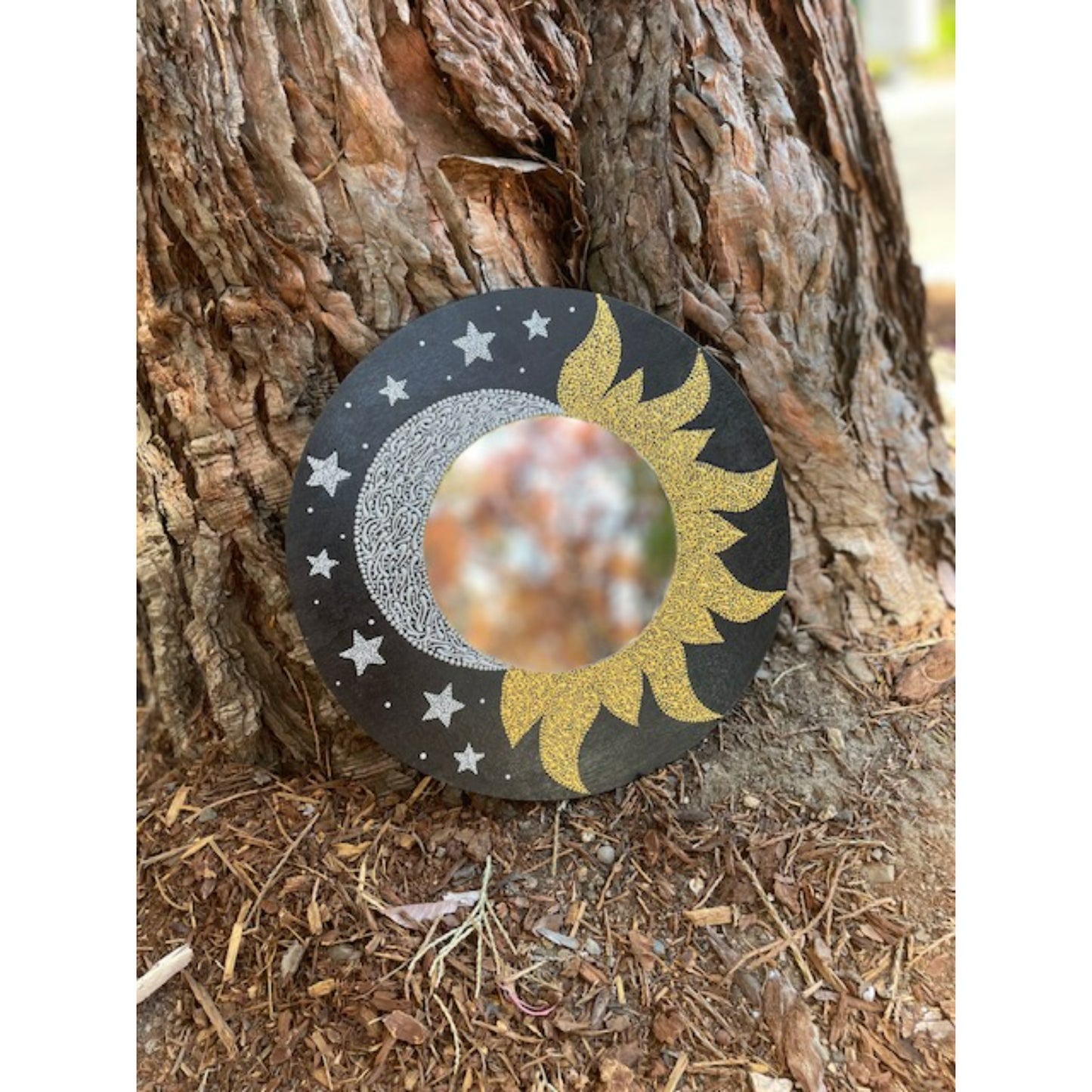 Sun Moon Stars Mirror Dot Art Gold and Silver Acrylic Painting Handmade Decor
