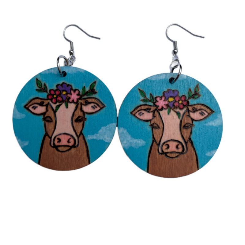 Pendientes florales de vaca hechos a mano madera quemada y pintada moda peso ligero redondo