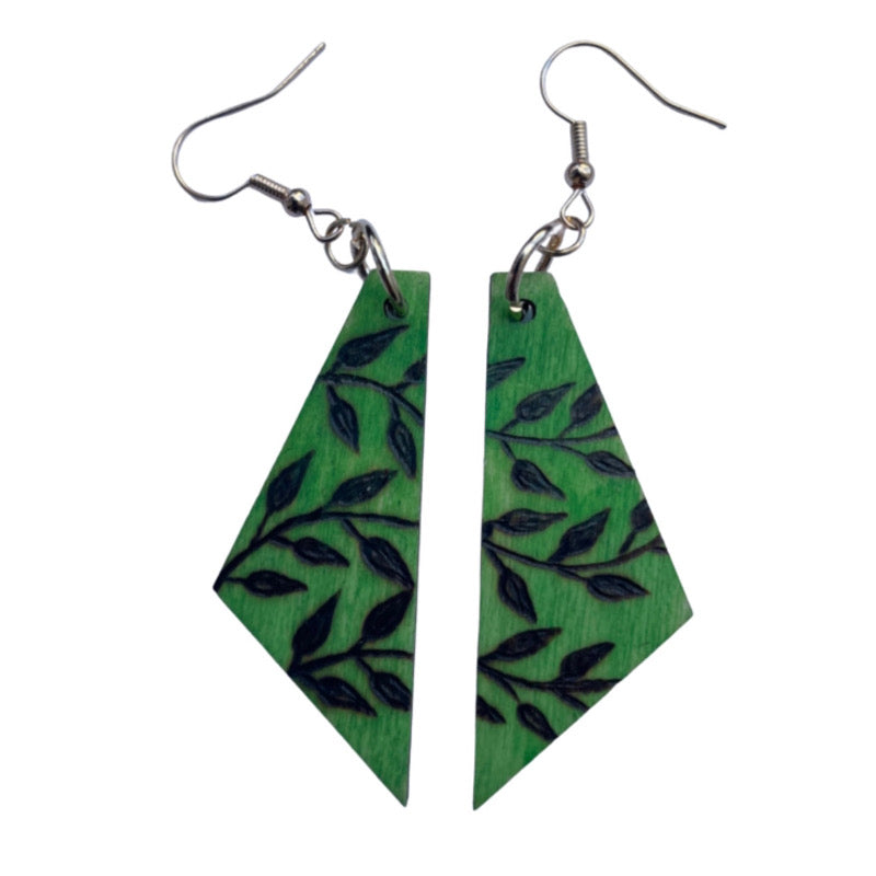 Earrings with Green Vines Lightweight Triangle Shape