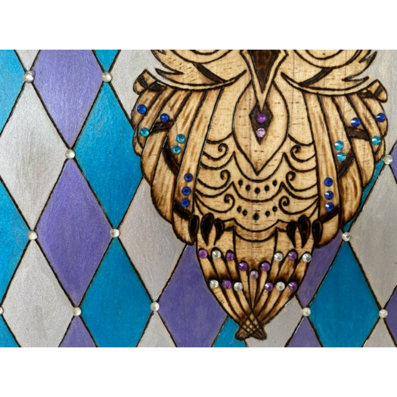Owl with Rhinestone Wood Burned and Painted by Hand Wild Birds Artwork