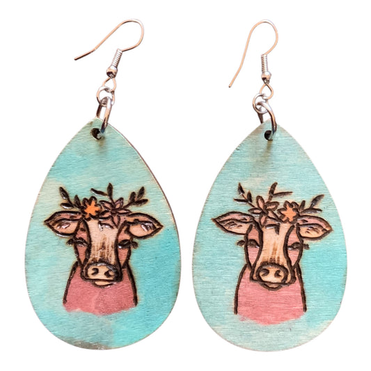 Cow with Flowers Earrings Lightweight Teardrop Style