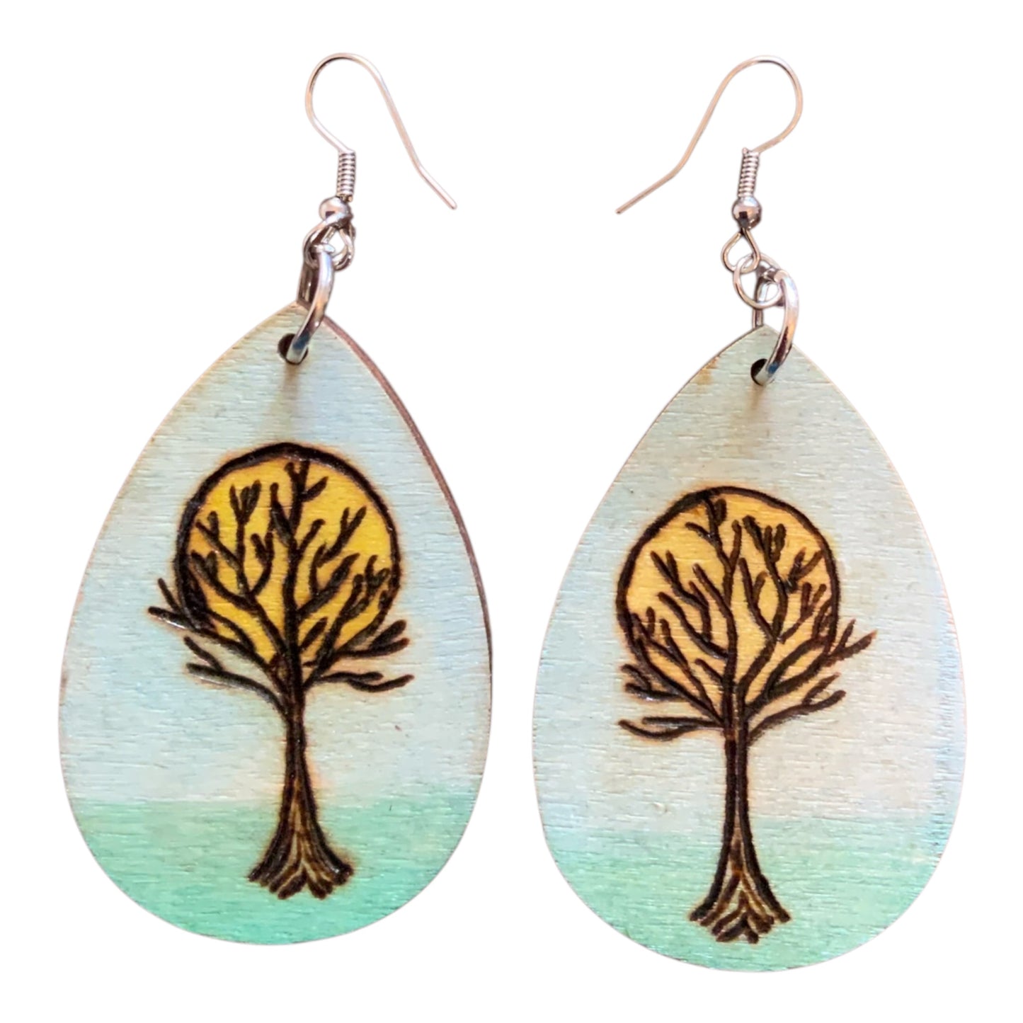 Pendientes de flores azules rosas hechos a mano madera quemada y pintada moda lágrima ligera