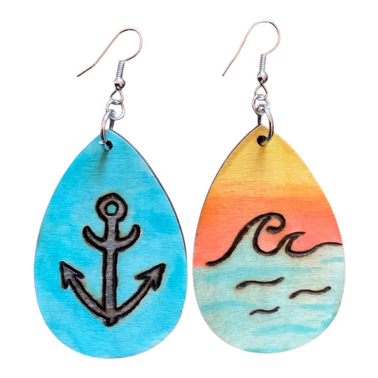 Sea Anchor and Sea Waves Earrings Lightweight Teardrop Style