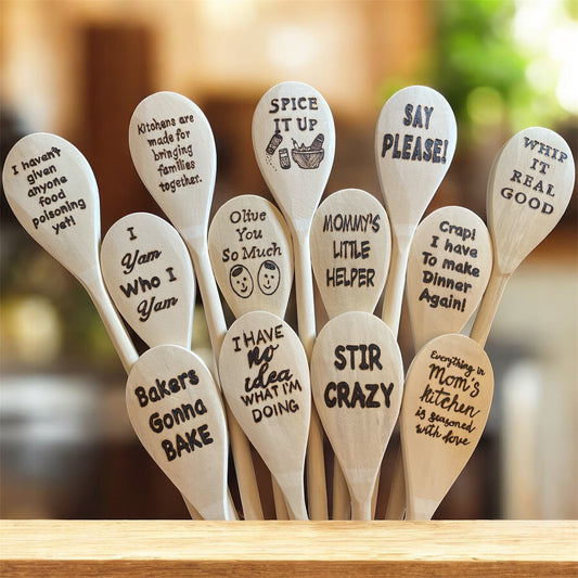 Wooden Cooking Spoons| Rubberwood 14"| Eco-friendly| Humor Quotes| Housewarming Gifts