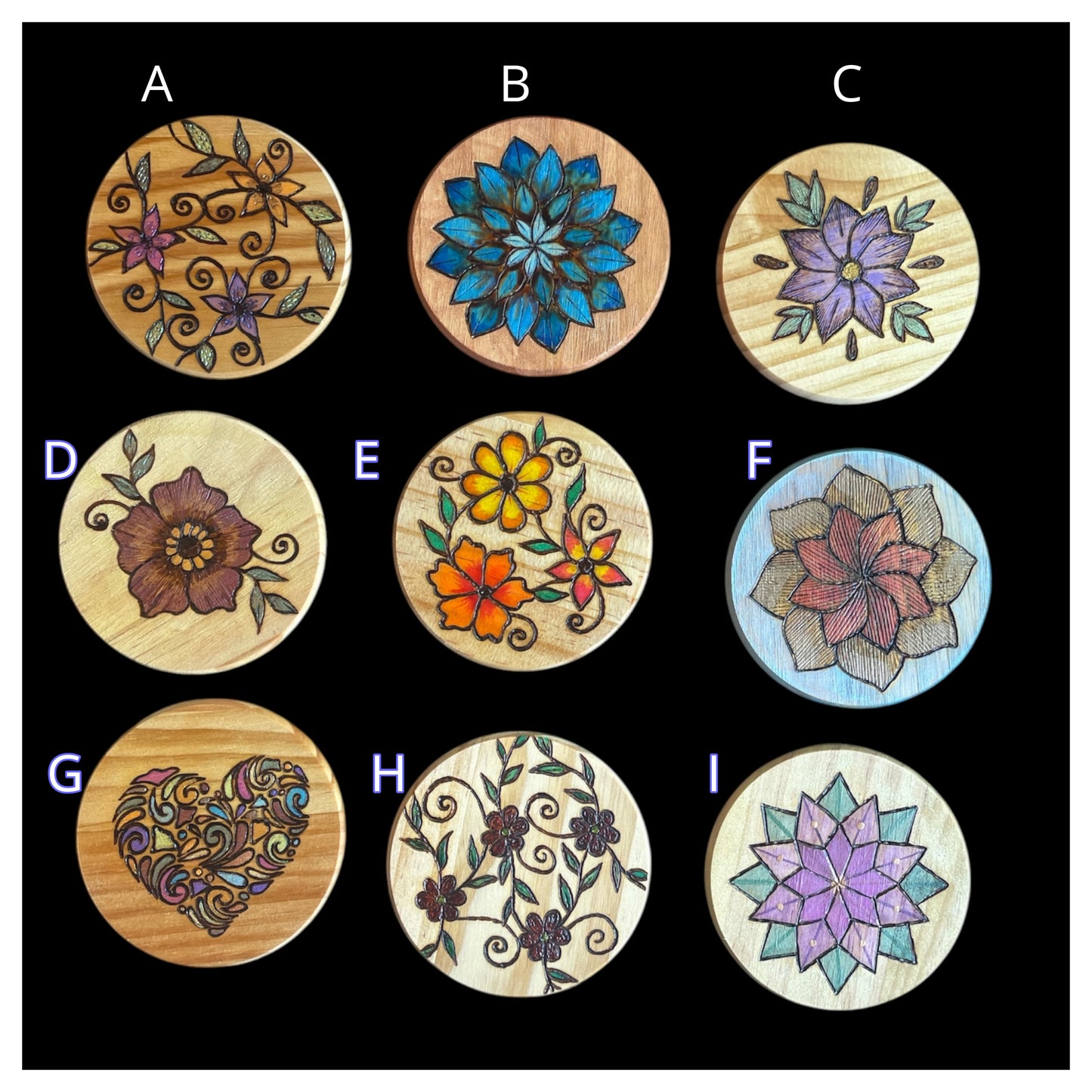 Wooden Coasters Wood Burned and Painted by hand with Floral Designs