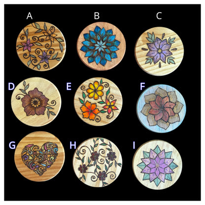 Wooden Coasters Wood Burned and Painted by hand with Floral Designs