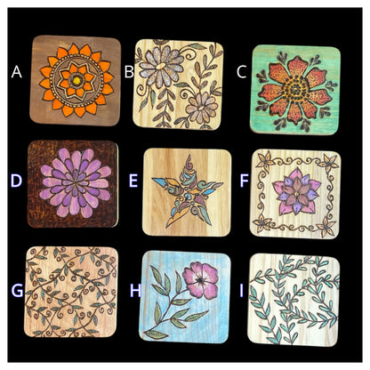 Square Drink Coasters Wood Burned and Painted by hand with Floral Designs