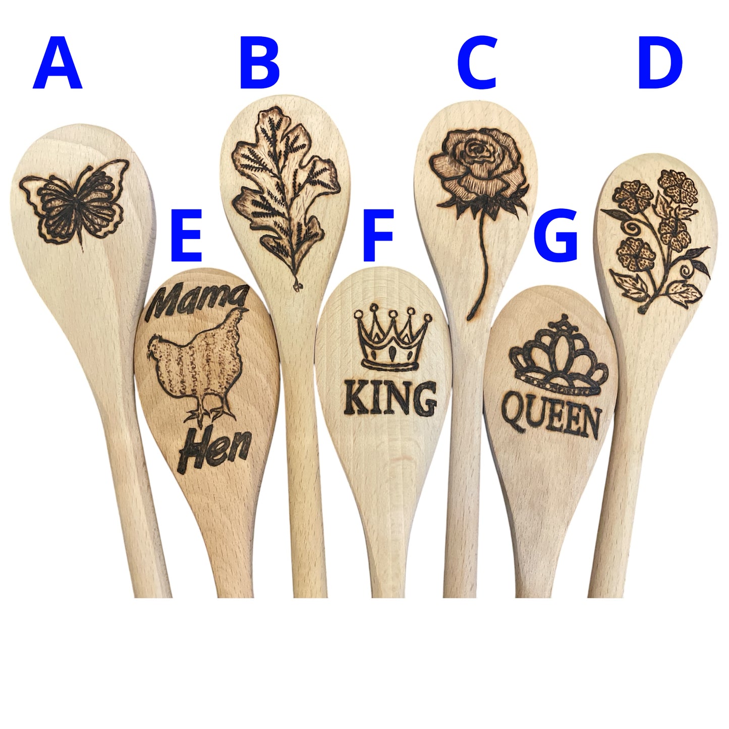 Wooden Cooking Spoons| beechwood 14"|Eco-friendly| Flowers| King| Queen| Hen| Butterfly Designs