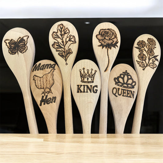 Wooden Cooking Spoons| beechwood 14"|Eco-friendly| Flowers| King| Queen| Hen| Butterfly Designs