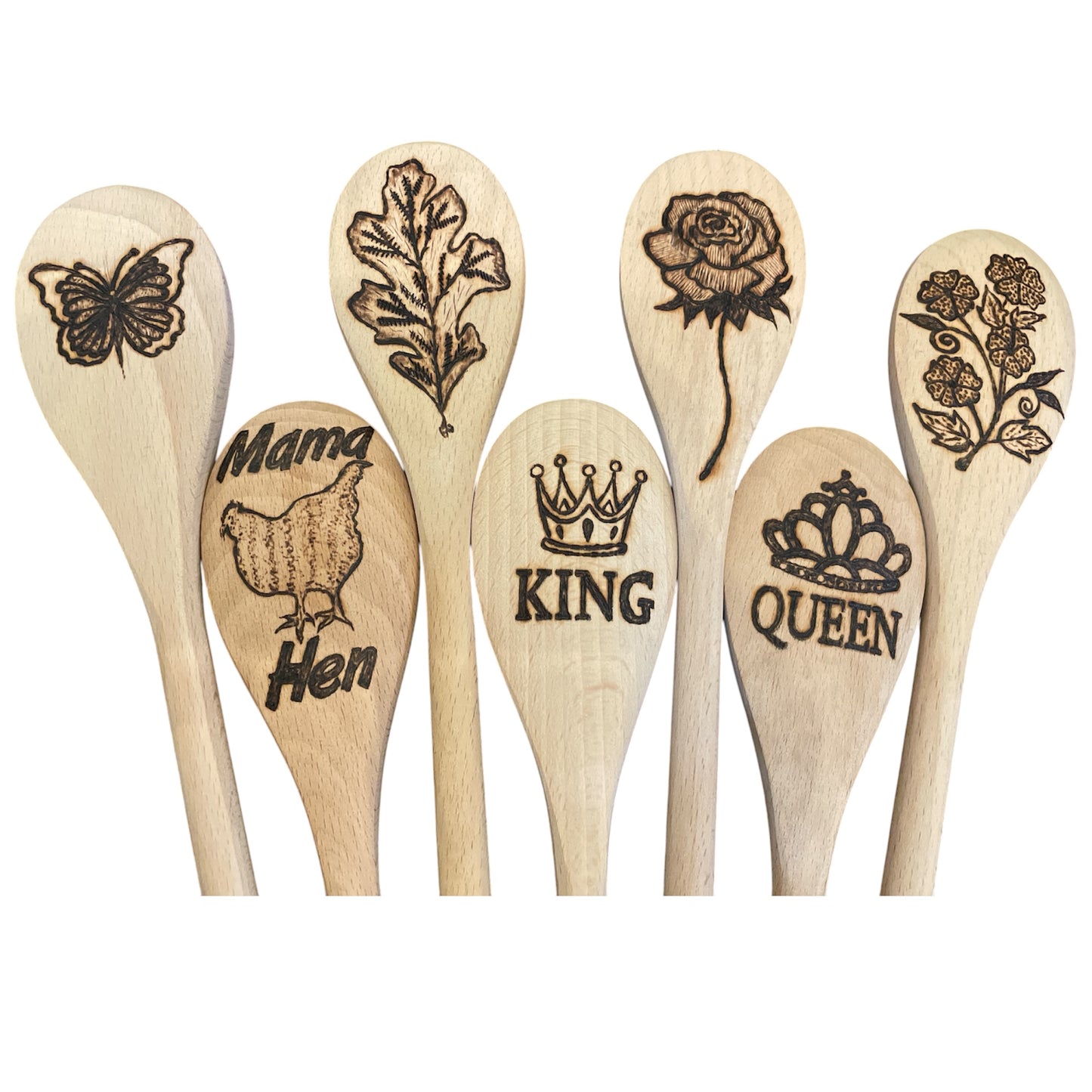 Wooden Cooking Spoons| beechwood 14"|Eco-friendly| Flowers| King| Queen| Hen| Butterfly Designs
