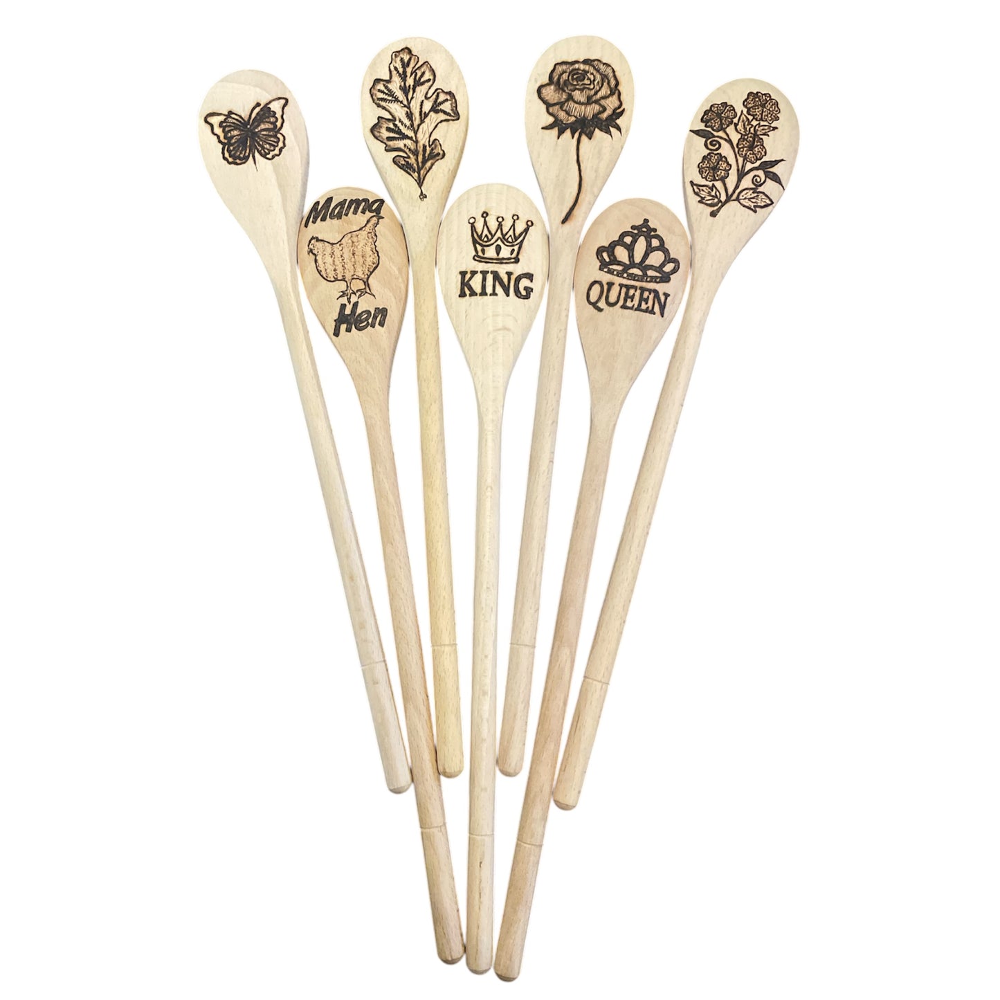 Wooden Cooking Spoons| beechwood 14"|Eco-friendly| Flowers| King| Queen| Hen| Butterfly Designs