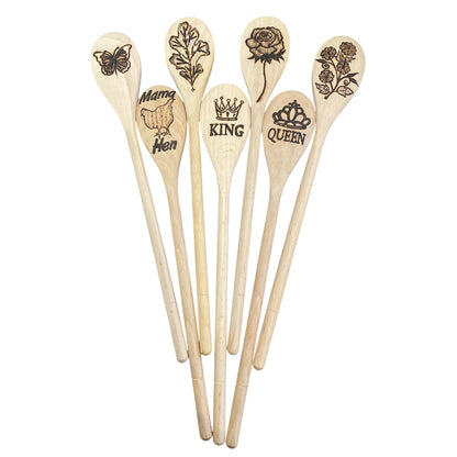Wooden Cooking Spoons| beechwood 14"|Eco-friendly| Flowers| King| Queen| Hen| Butterfly Designs