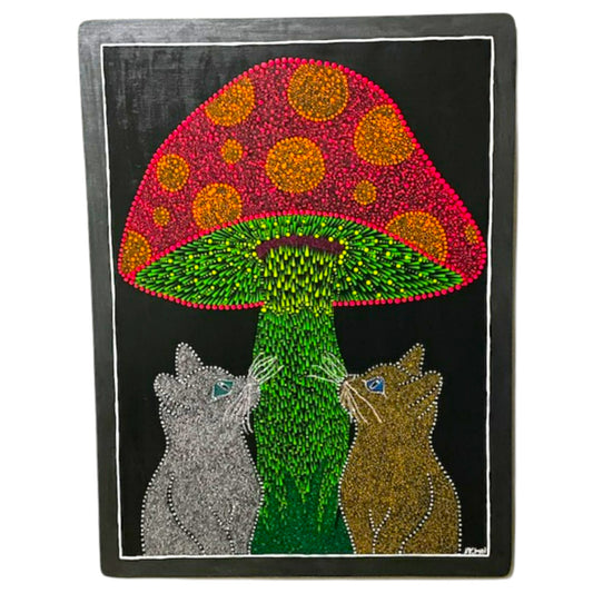 Mushroom Gold Silver Cats Dot Art Handmade Glow Under Blue Lights UV Lights