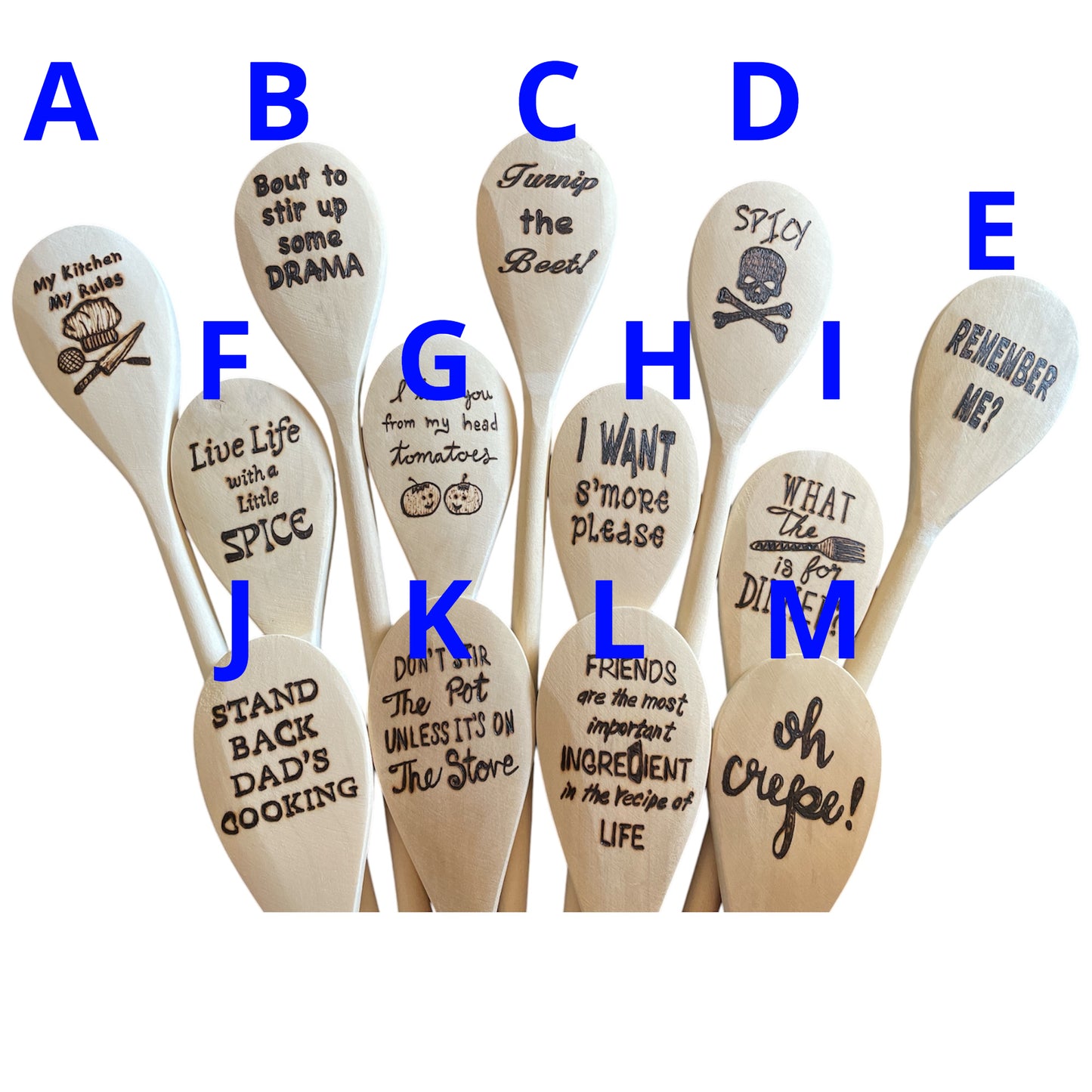 Wooden Cooking Spoons| Rubberwood 14"| Eco-friendly| Quotes| Wood Burned Designs
