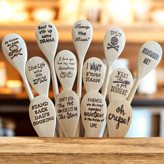 Wooden Cooking Spoons| Rubberwood 14"| Eco-friendly| Quotes| Wood Burned Designs