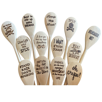 Wooden Cooking Spoons| Rubberwood 14"| Eco-friendly| Quotes| Wood Burned Designs