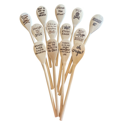 Wooden Cooking Spoons| Rubberwood 14"| Eco-friendly| Quotes| Wood Burned Designs